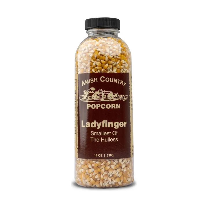 Amish Country Popcorn Ladyfinger hulless popcorn bottle